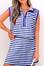 Bright Green Textured Stripe Print Contrast Trim Zip Collar Sleeveless 2pcs Skort Set