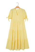 Yellow Gingham Textured Bow Tie Short Sleeve Tiered Midi Dress