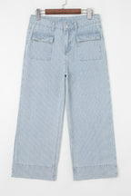 Sky Blue Stripe Button Flap Pocket Cuffed Hem Wide Leg Jeans