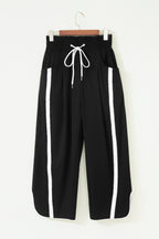 Black Contrast Striped Smocked Waist Drawstring Cropped Casual Pants