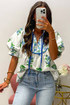 White Floral Print Contrast Trim Tie Neck Blouse