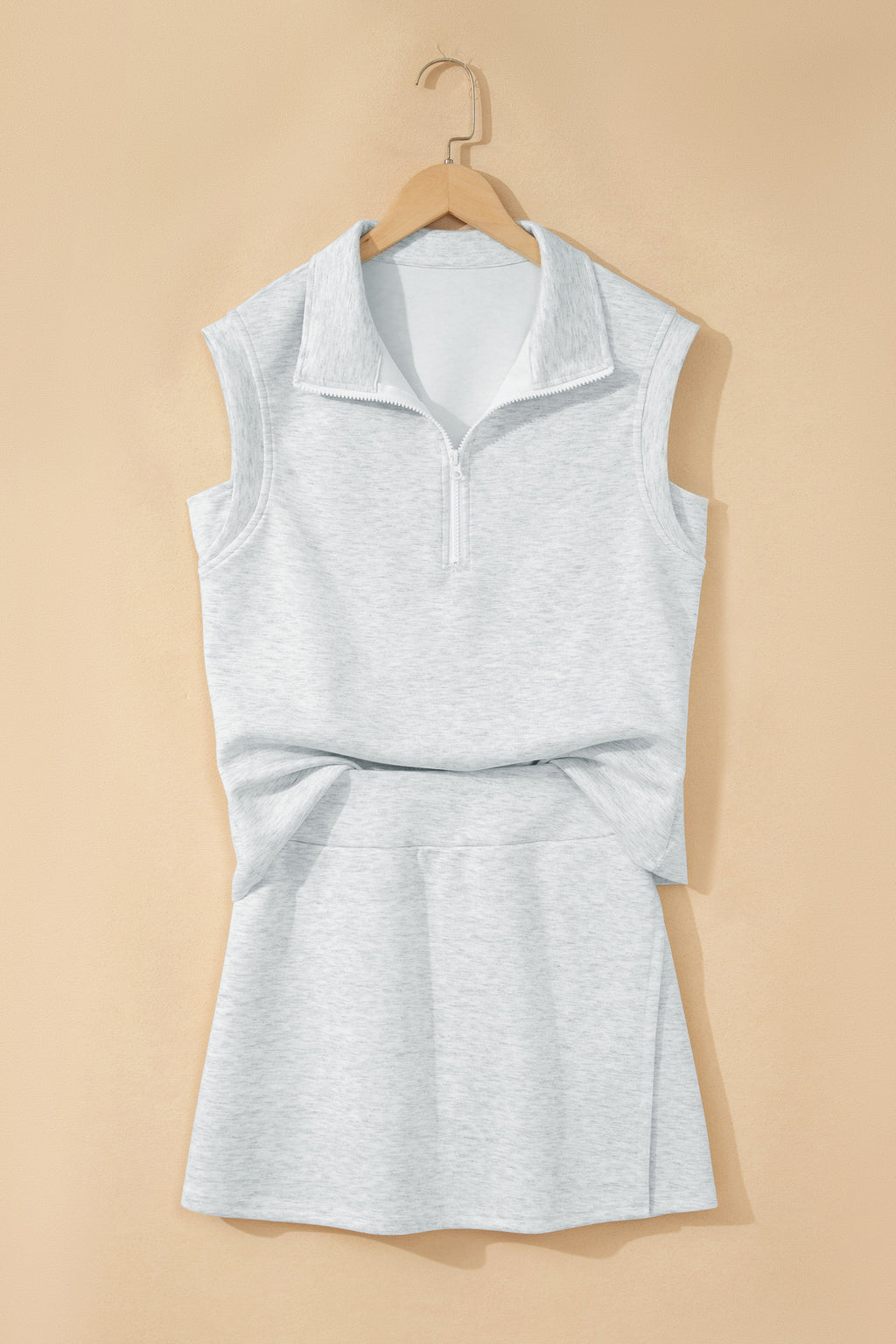 Light Grey Solid Color Sleeveless Zipper Tank and Skort Set