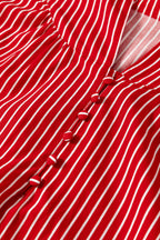 Red Stripe Ruffled Short Puff Sleeve Button Front Blouse