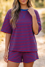 Blue Stripe Striped Ribbed Cotton Two-Piece Short Set with Chest Patch Detail