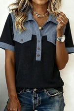Black Waffle Knit Denim Color Block Patchwork Button Flap Polo Top