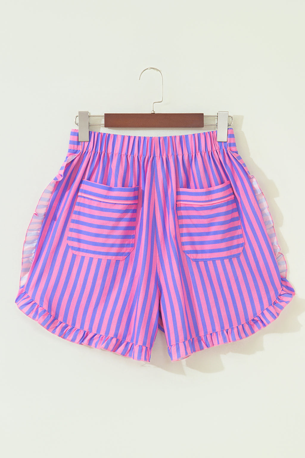 Sky Blue Stripe Elastic Waist Ruffle Trim Casual Shorts