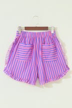 Sky Blue Stripe Elastic Waist Ruffle Trim Casual Shorts