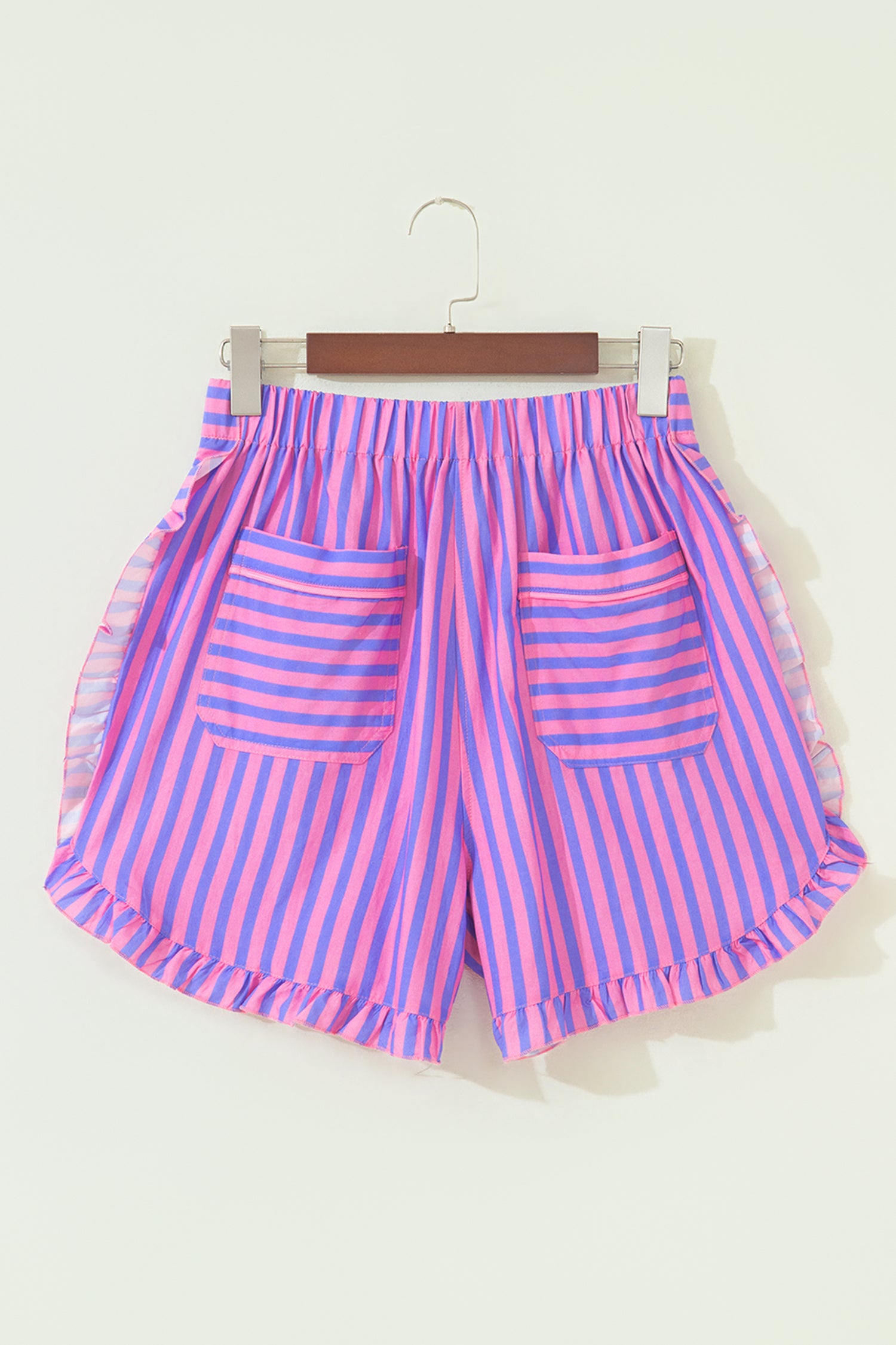 Sky Blue Stripe Elastic Waist Ruffle Trim Casual Shorts