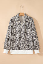 Brown Leopard Print Quarter Zip Corduroy Sweatshirt