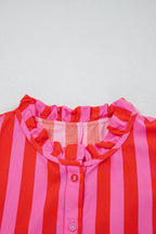 Red Stripe Half Button Puff Sleeve Loose Mini Dress