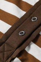 Brown Stripe Exposed Seam Color Block Patchwork Button Placket Sweatshirt