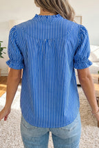 Red Stripe Ruffled Short Puff Sleeve Button Front Blouse