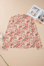 Pink Plus Size Floral Mock Neck Long Sleeve Slim Top