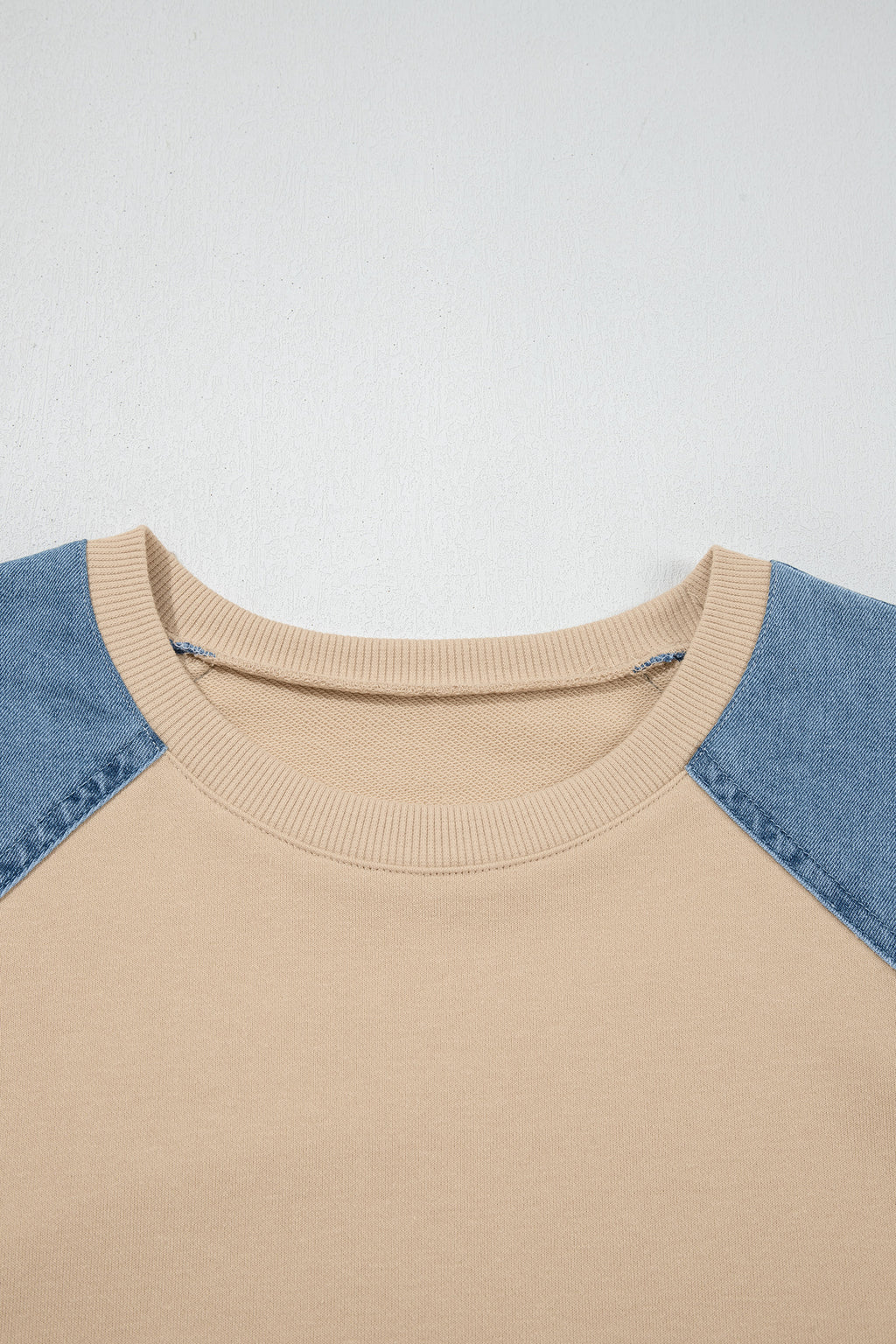 Beige Denim Color Block Patchwork Round Neck Tee