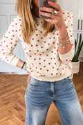 Beige Heart Print Round Neck Long Sleeve Regular Fit Sweatshirt