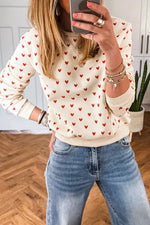 Beige Heart Print Round Neck Long Sleeve Regular Fit Sweatshirt