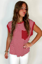 Black Stripe Chest Pocket Patch Round Neck Tank Top