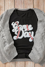 Black Sequin Game Day Graphic Crew Neck Tee