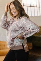 Brown Abstract Camo Print Color Block Detail Baggy Pullover Sweatshirt