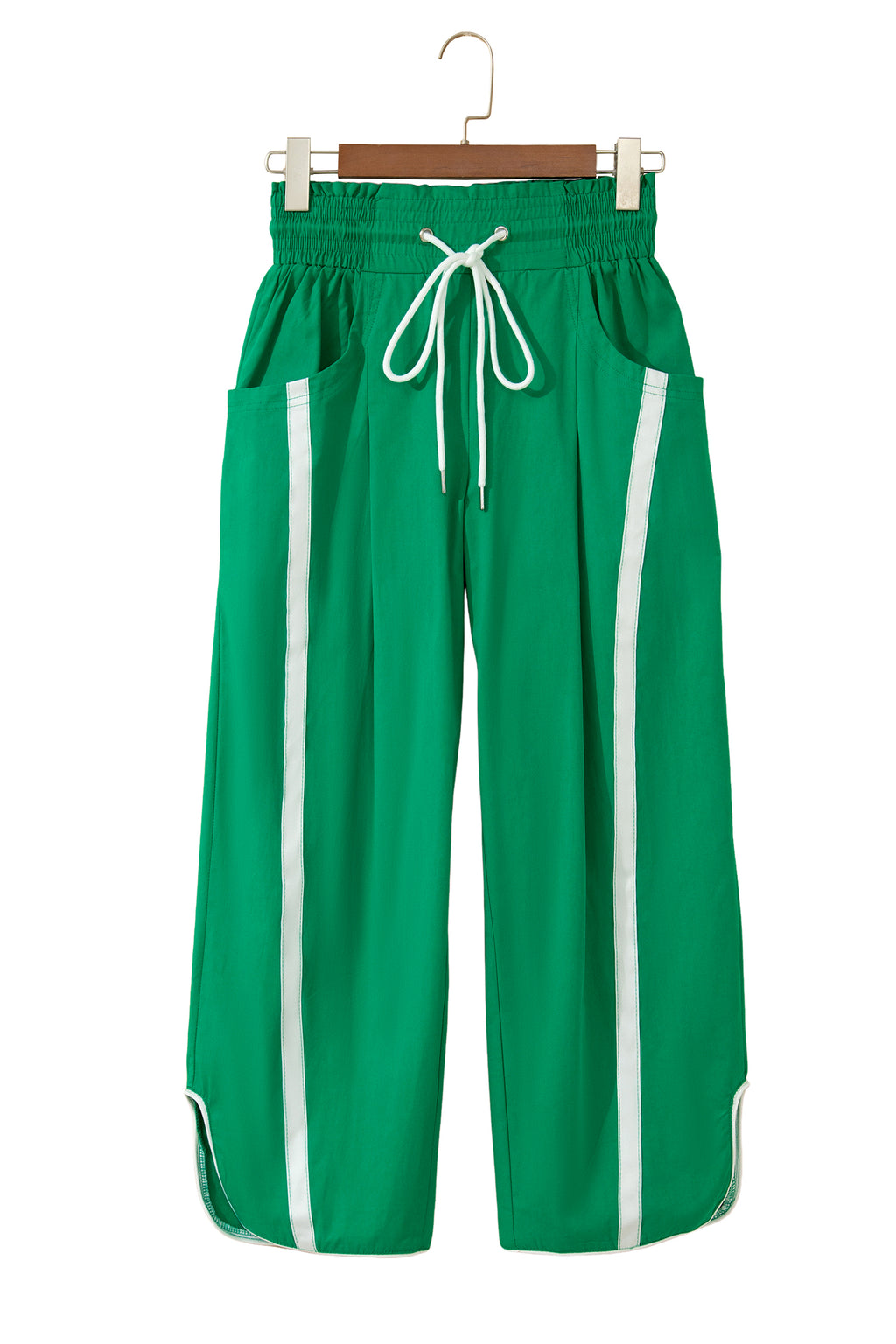 Black Contrast Striped Smocked Waist Drawstring Cropped Casual Pants