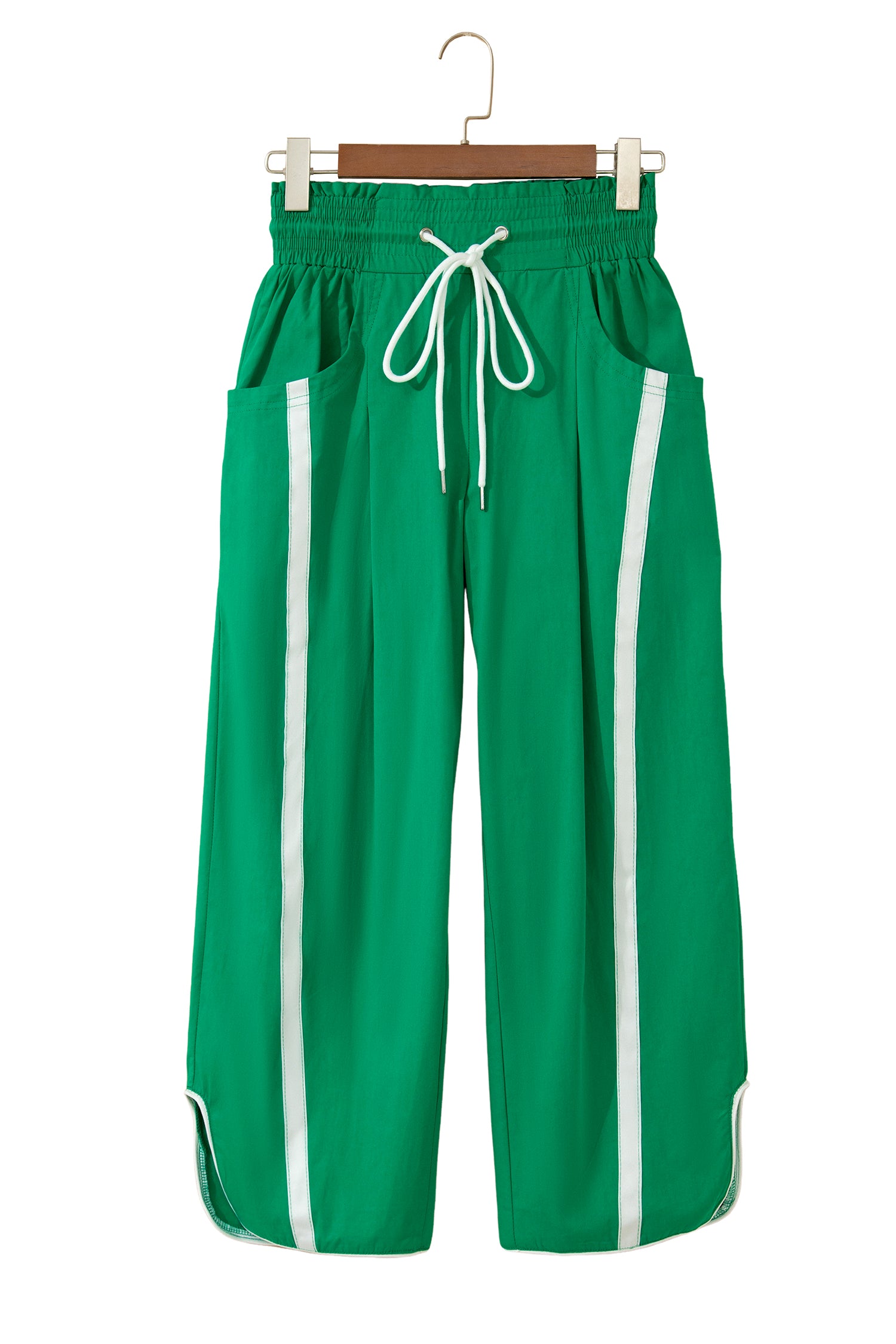 Black Contrast Striped Smocked Waist Drawstring Cropped Casual Pants