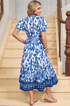 White Floral Puff Short Sleeve V Neck High Waist Maxi Dress