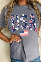 Gray Blooming USA Flag Print Casual T Shirt