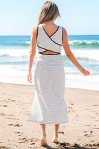 Black Stripe Criss Cross Side Slits Slim Fit Sleeveless Midi Dress