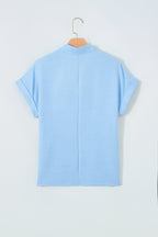 Beau Blue Crochet Lace Accent Pullover Rolled Short Sleeve Blouse