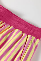 Yellow Stripe Colorblock Trim V Neck Tee Drawstring Elastic Waist Short Set